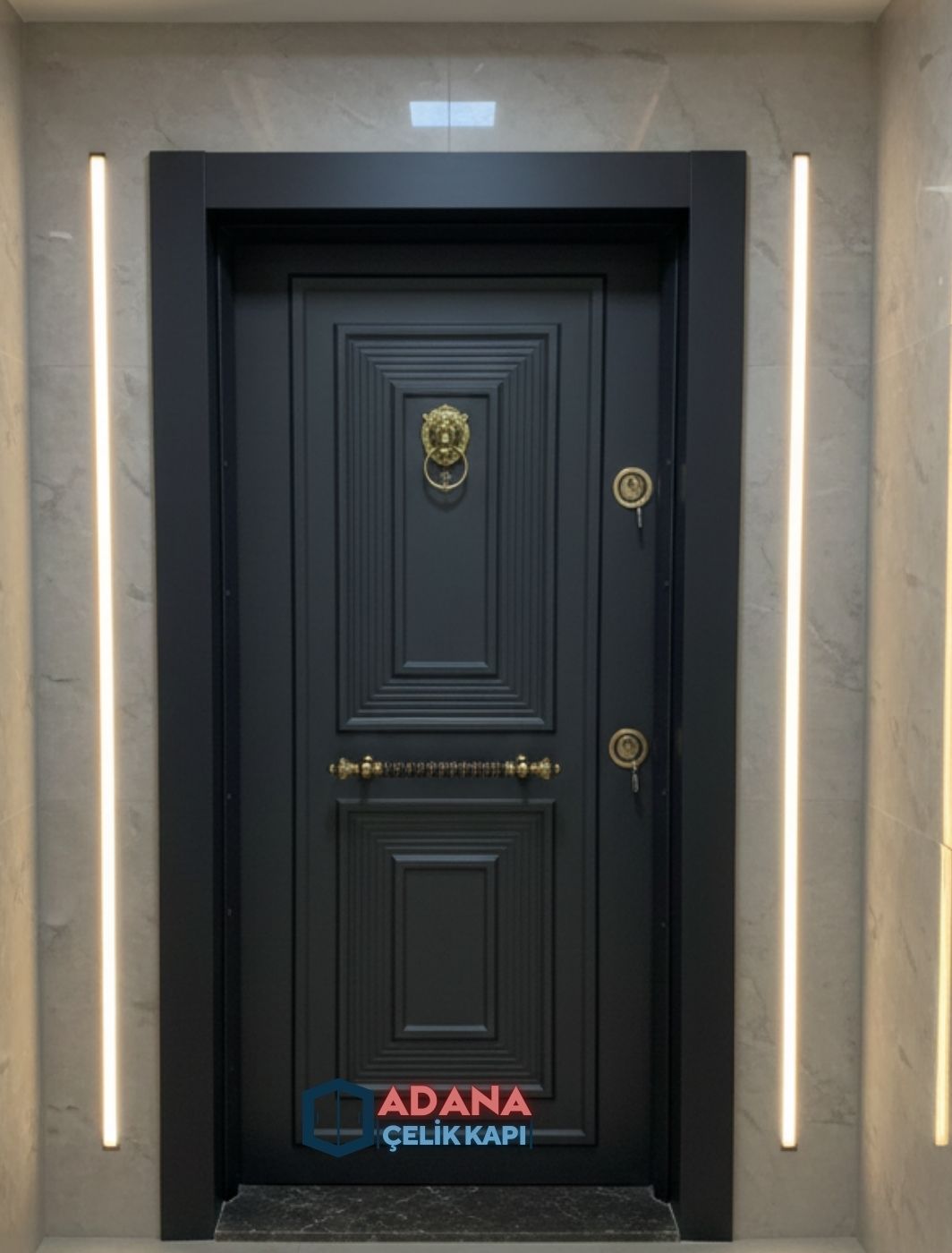 AÇK-1006 antrasit lüks aslan başlı PVC kaplama çelik kapı modeli
