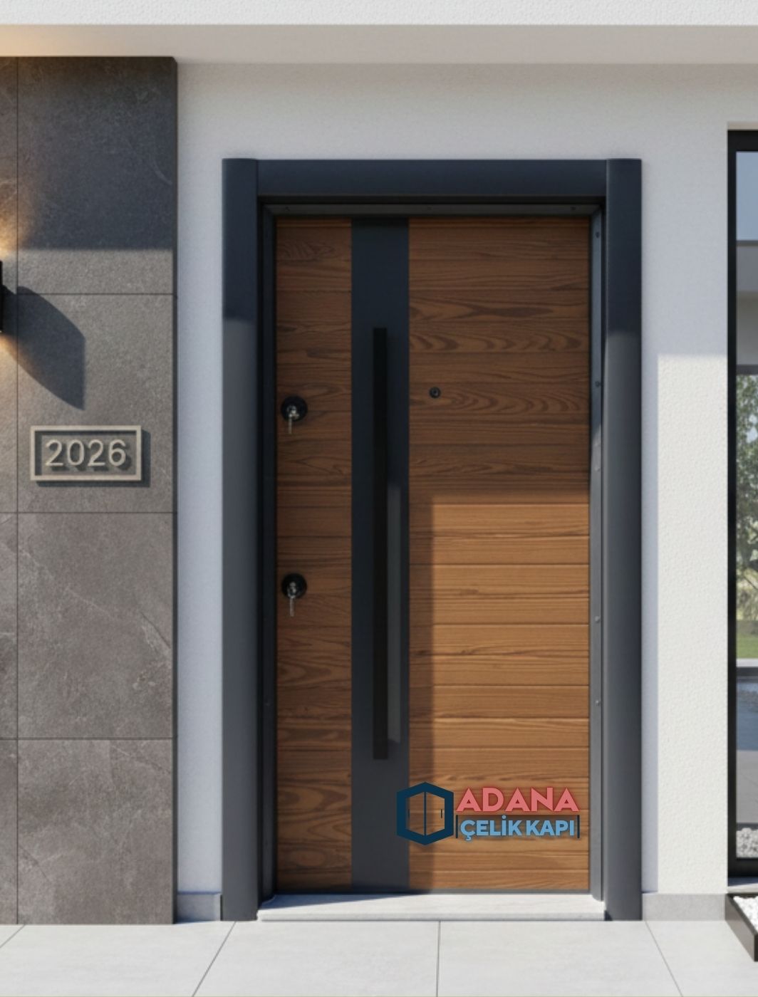 AÇK-2025 Ahşap Desenli ve Siyah Detaylı Termo Yüzey Çelik Kapı