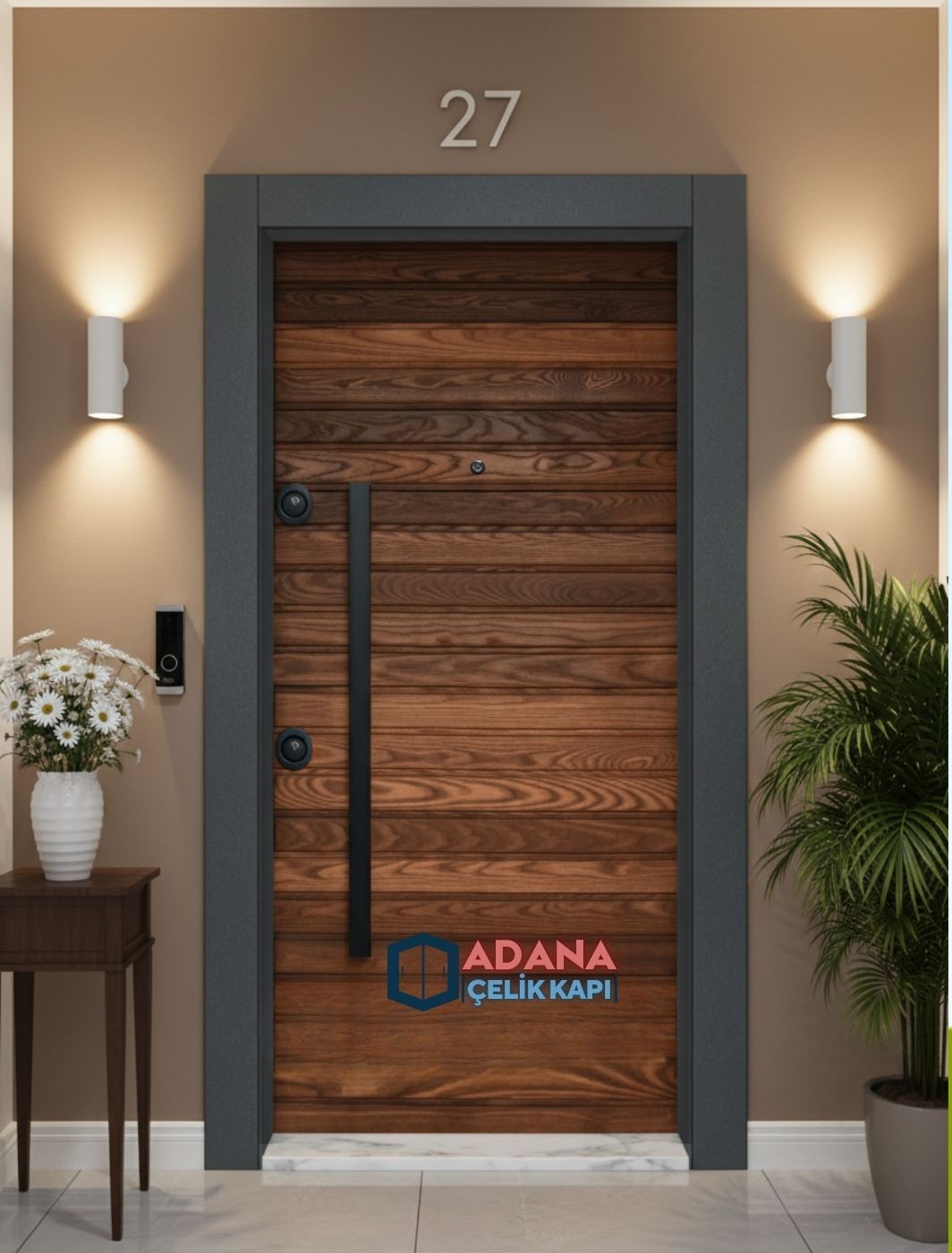 AÇK-2027 Yatay Ahşap Desenli ve Siyah Detaylı Termo Yüzey Çelik Kapı
