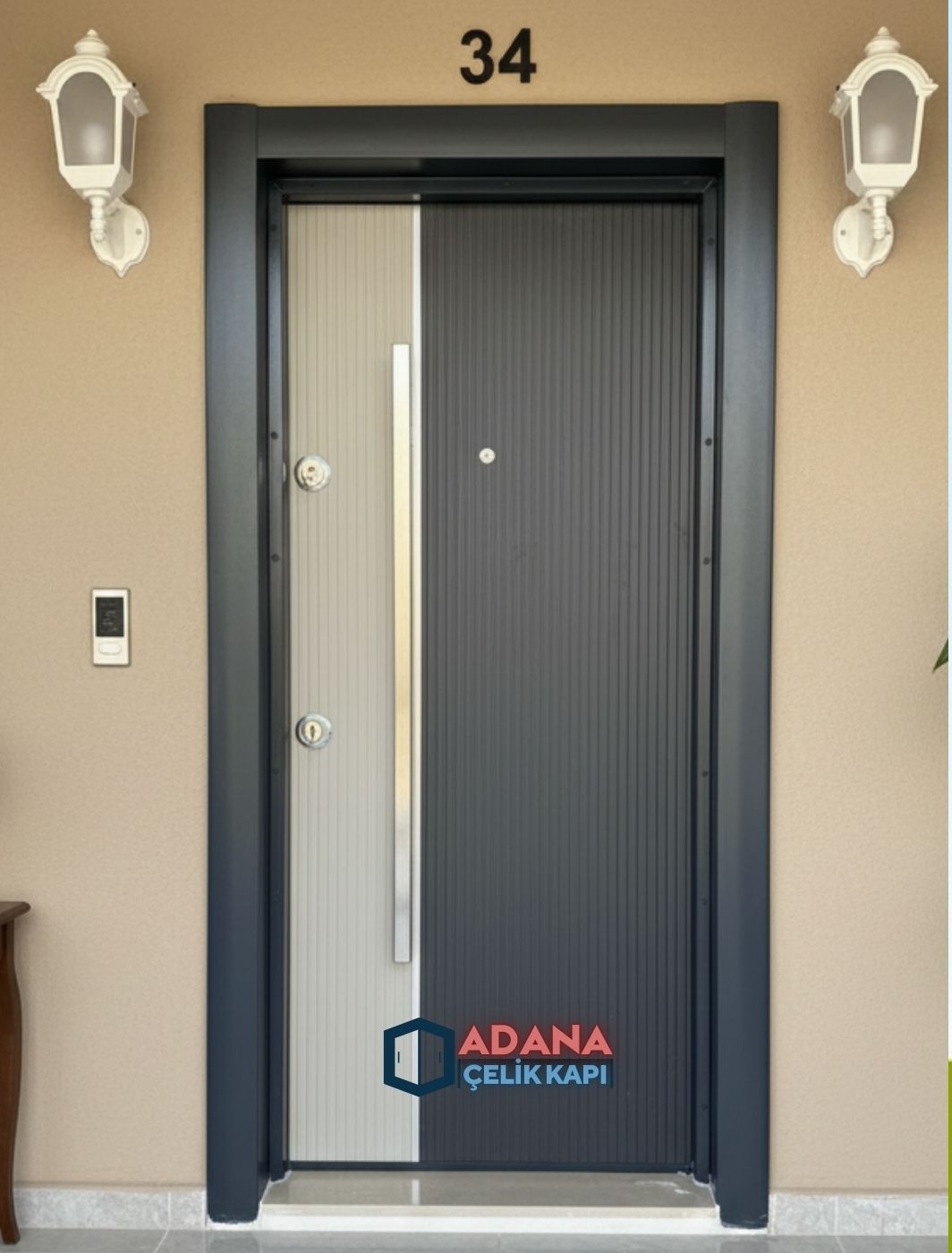 AÇK-2034 Antrasit ve Krem Çizgili PVC Kaplamalı Çelik Kapı