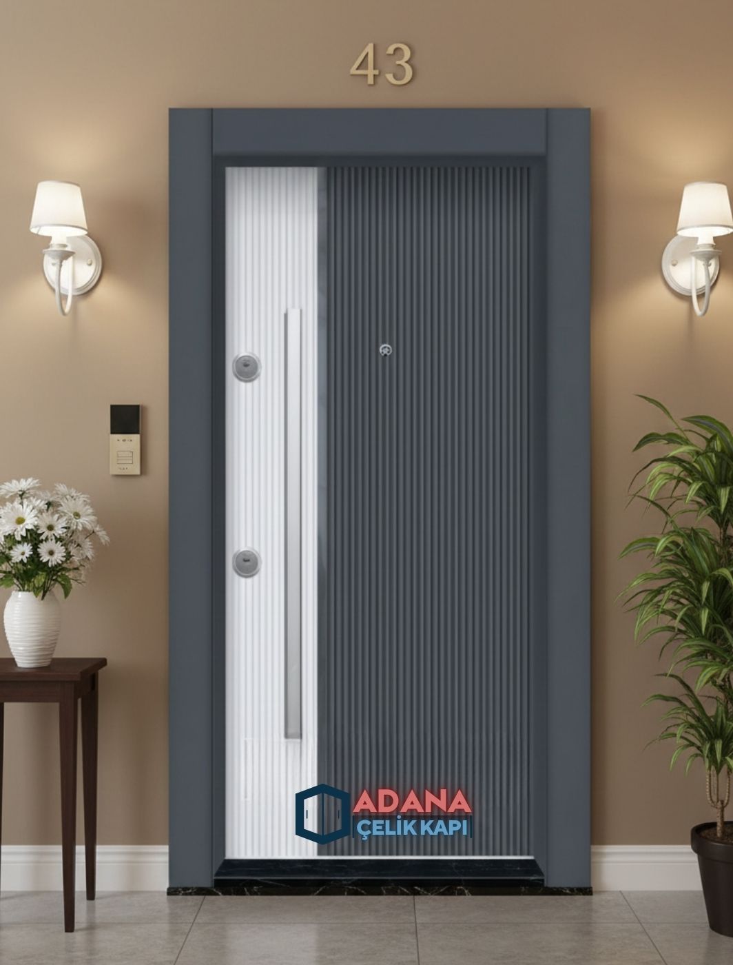 AÇK-2035 Antrasit ve Beyaz Çizgili PVC Kaplamalı Çelik Kapı
