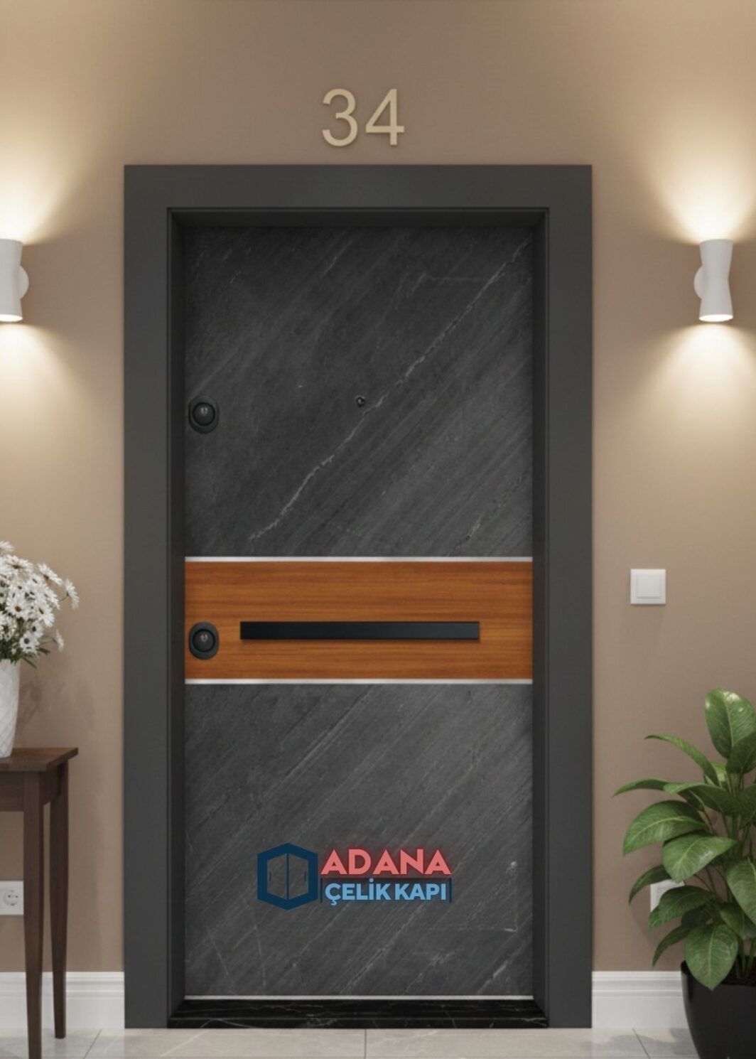 AÇK-2029 Antrasit Taş Dokulu ve Yatay Ahşap Kuşaklı Çelik Kapı