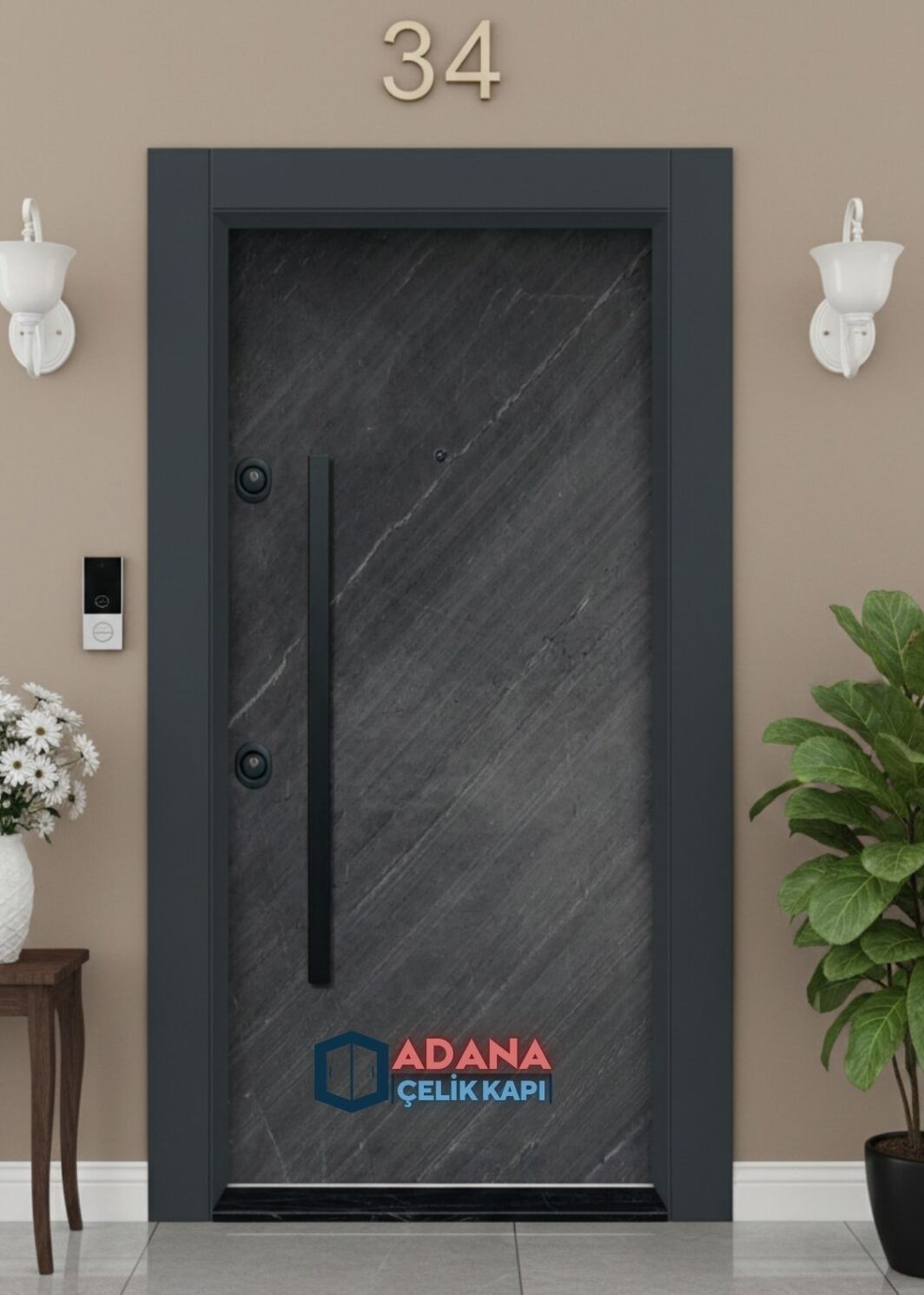 AÇK-2030 Antrasit Taş Dokulu ve Siyah Aksesuarlı Çelik Kapı