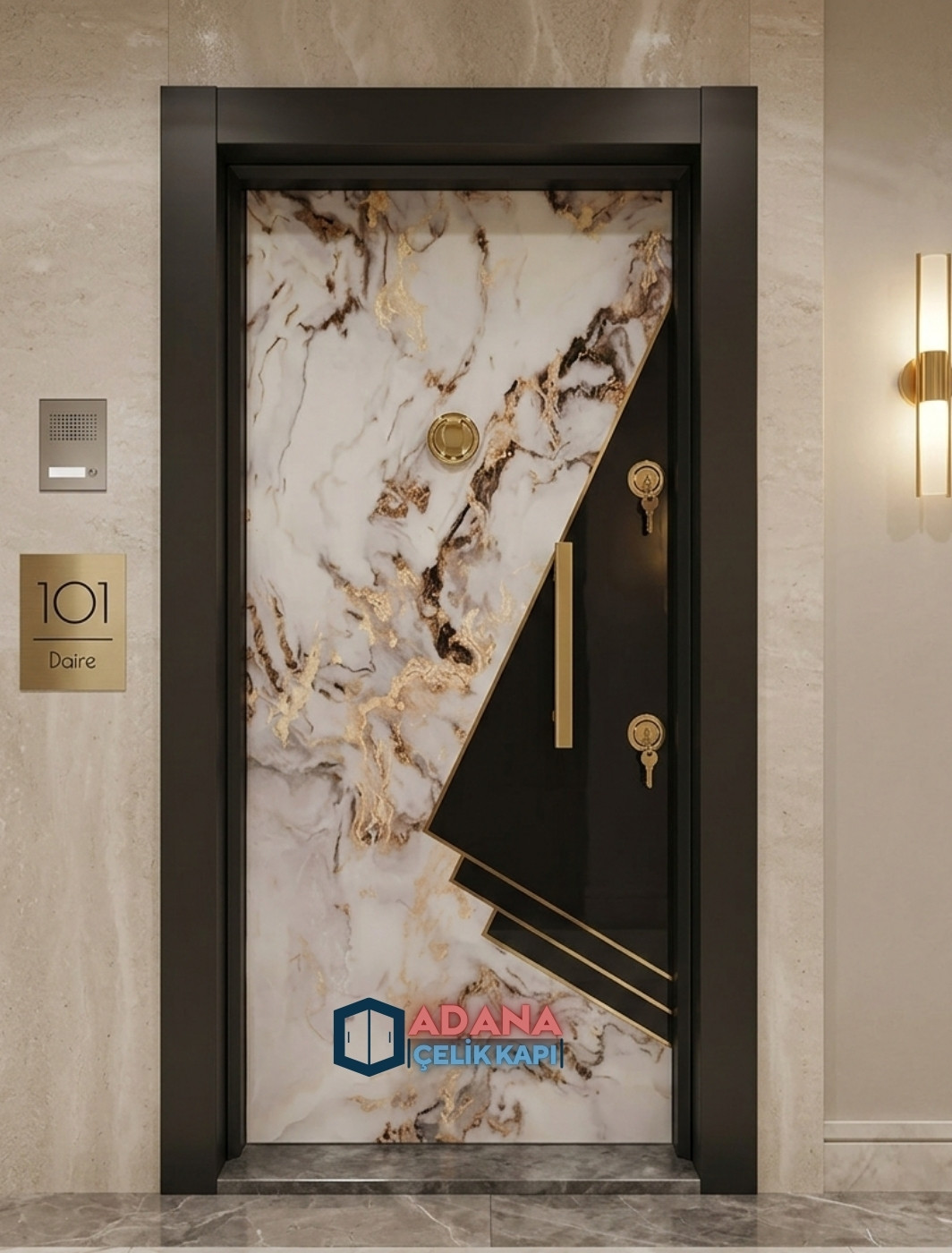 AÇK-1001 beyaz lüks modern tasarım PVC kaplama çelik kapı daire girişi modellemesi