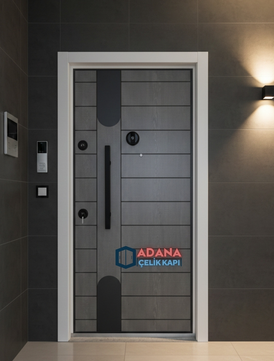 AÇK-1200 ahşap desenli modern laminoks yüzey çelik kapı modeli