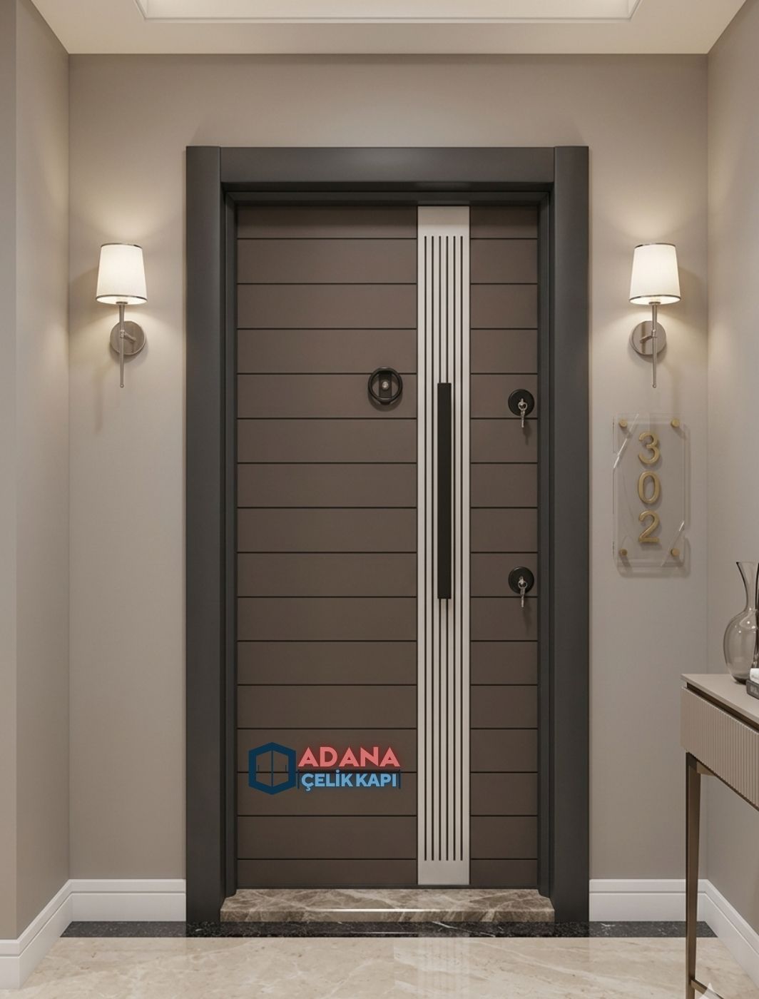 AÇK-1600 modern gri dikey çizgili laminoks yüzey çelik kapı modeli