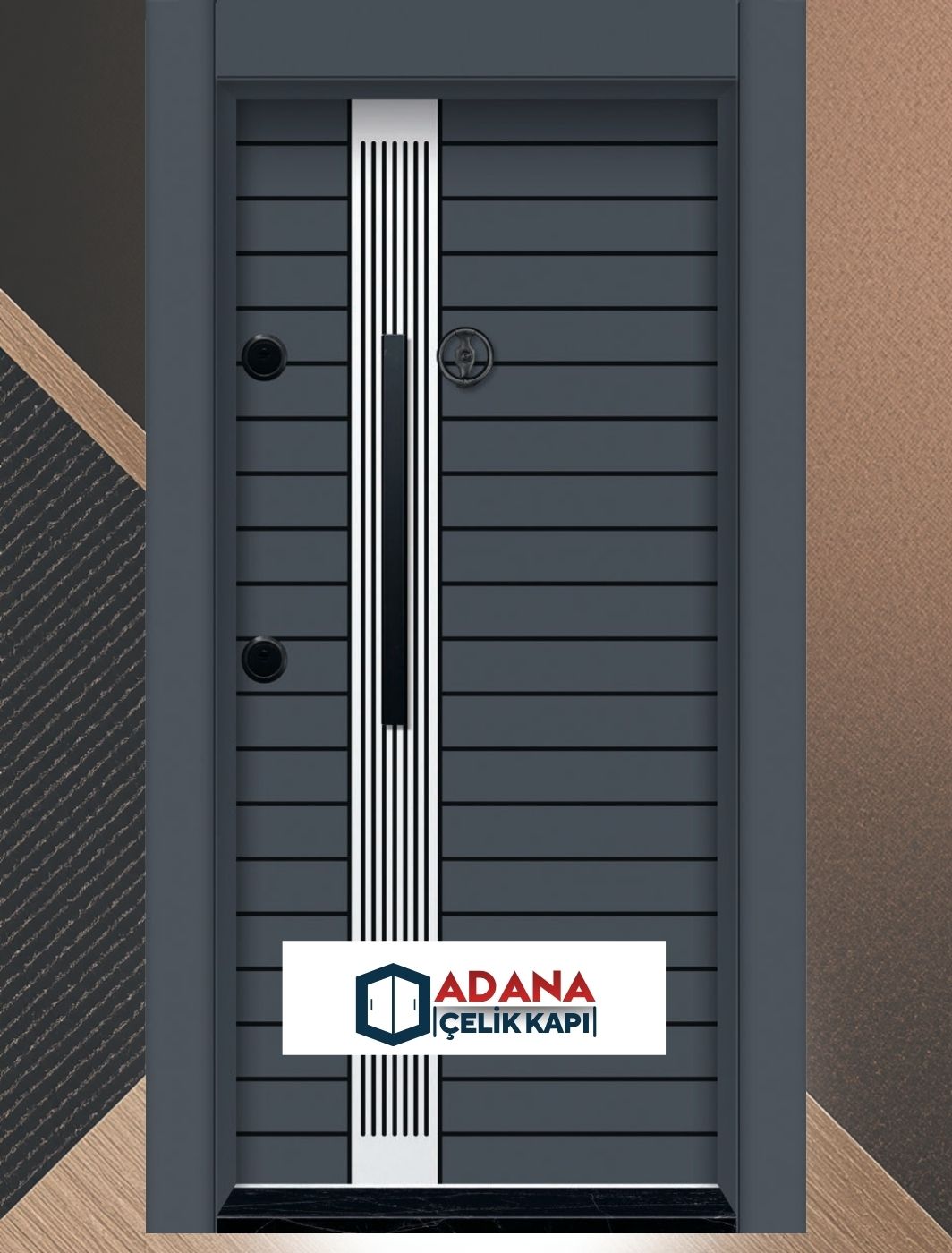 AÇK-1600 modern gri dikey çizgili laminoks yüzey çelik kapı modeli