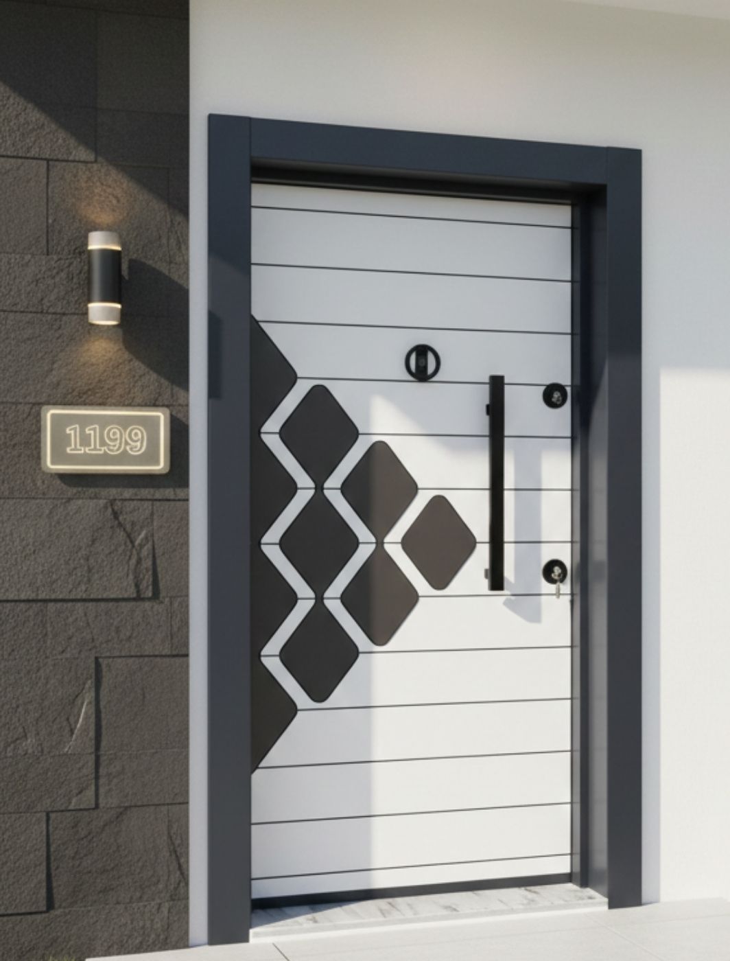 AÇK-1601 beyaz üzerine siyah geometrik desenli lüks laminoks çelik kapı modeli