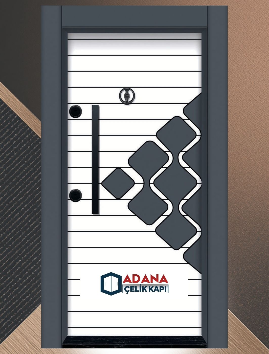 AÇK-1601 beyaz üzerine siyah geometrik desenli lüks laminoks çelik kapı modeli