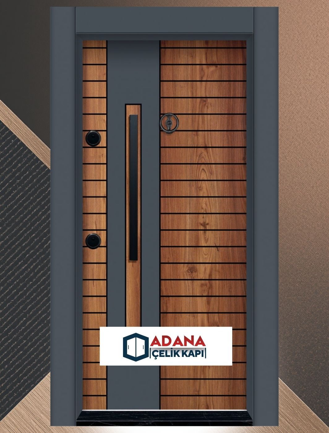 AÇK-1602 ahşap ve antrasit desenli modern lüks laminoks çelik kapı modeli
