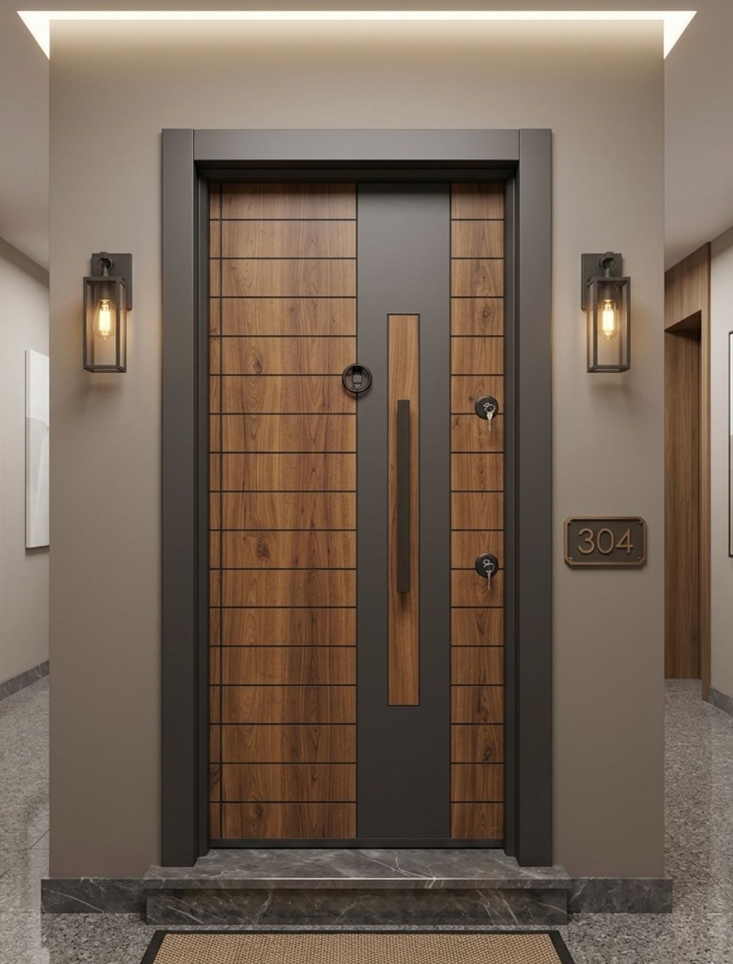 AÇK-1602 ahşap ve antrasit desenli modern lüks laminoks çelik kapı modeli