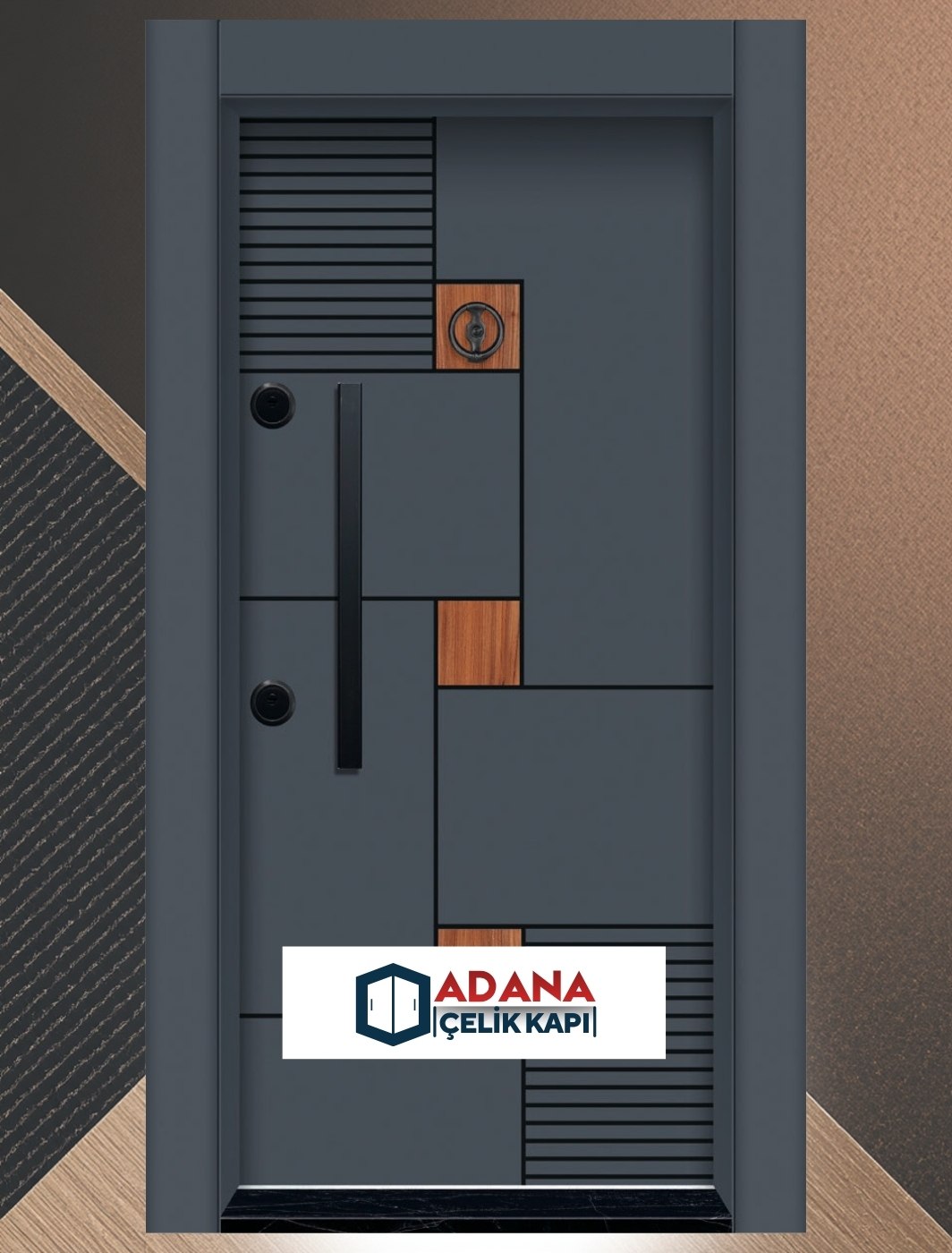 AÇK-1603 antrasit ve ahşap desenli modern laminoks çelik kapı modeli