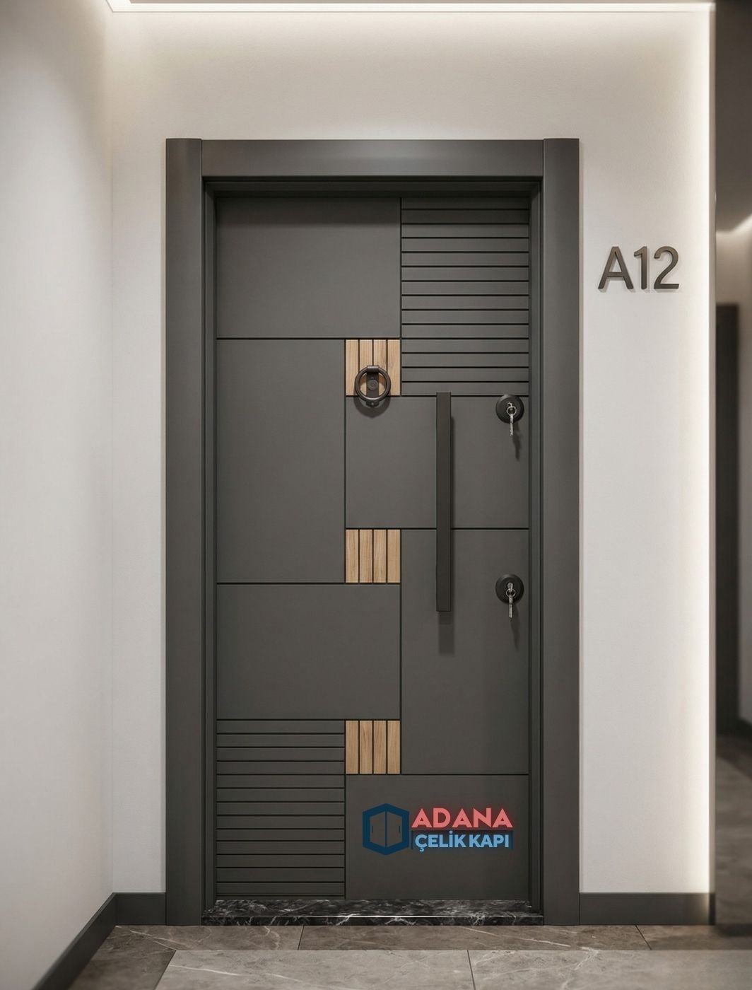 AÇK-1603 antrasit ve ahşap desenli modern laminoks çelik kapı modeli