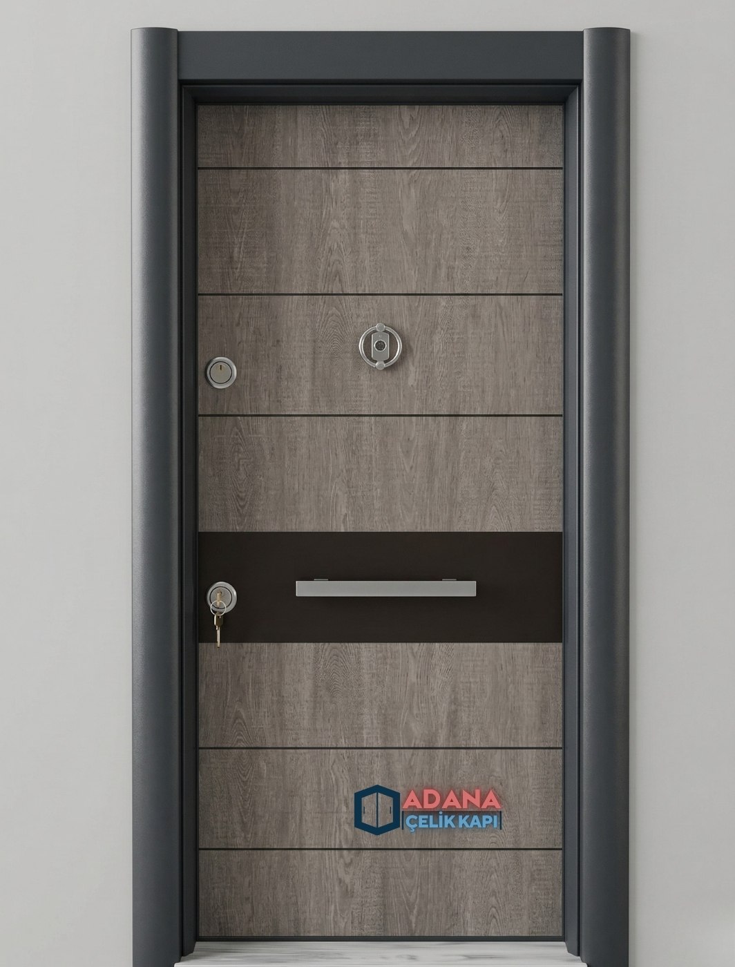 AÇK-1604 antrasit ve ahşap dokulu modern lüks laminoks çelik kapı modeli