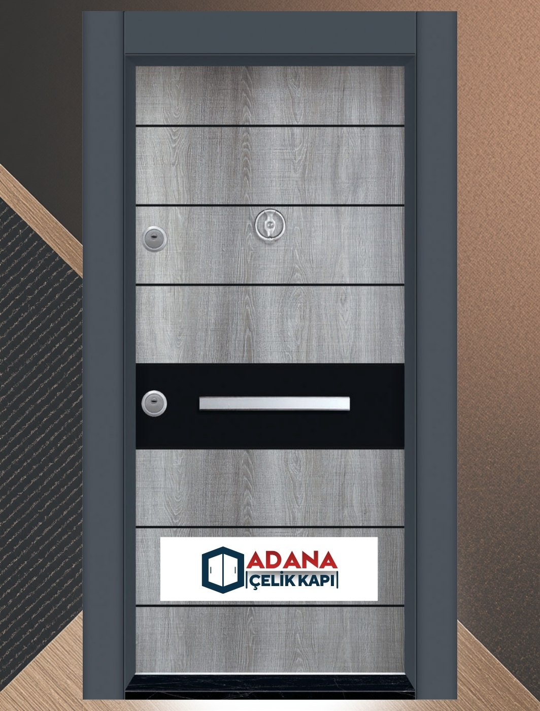 AÇK-1604 antrasit ve ahşap dokulu modern lüks laminoks çelik kapı modeli