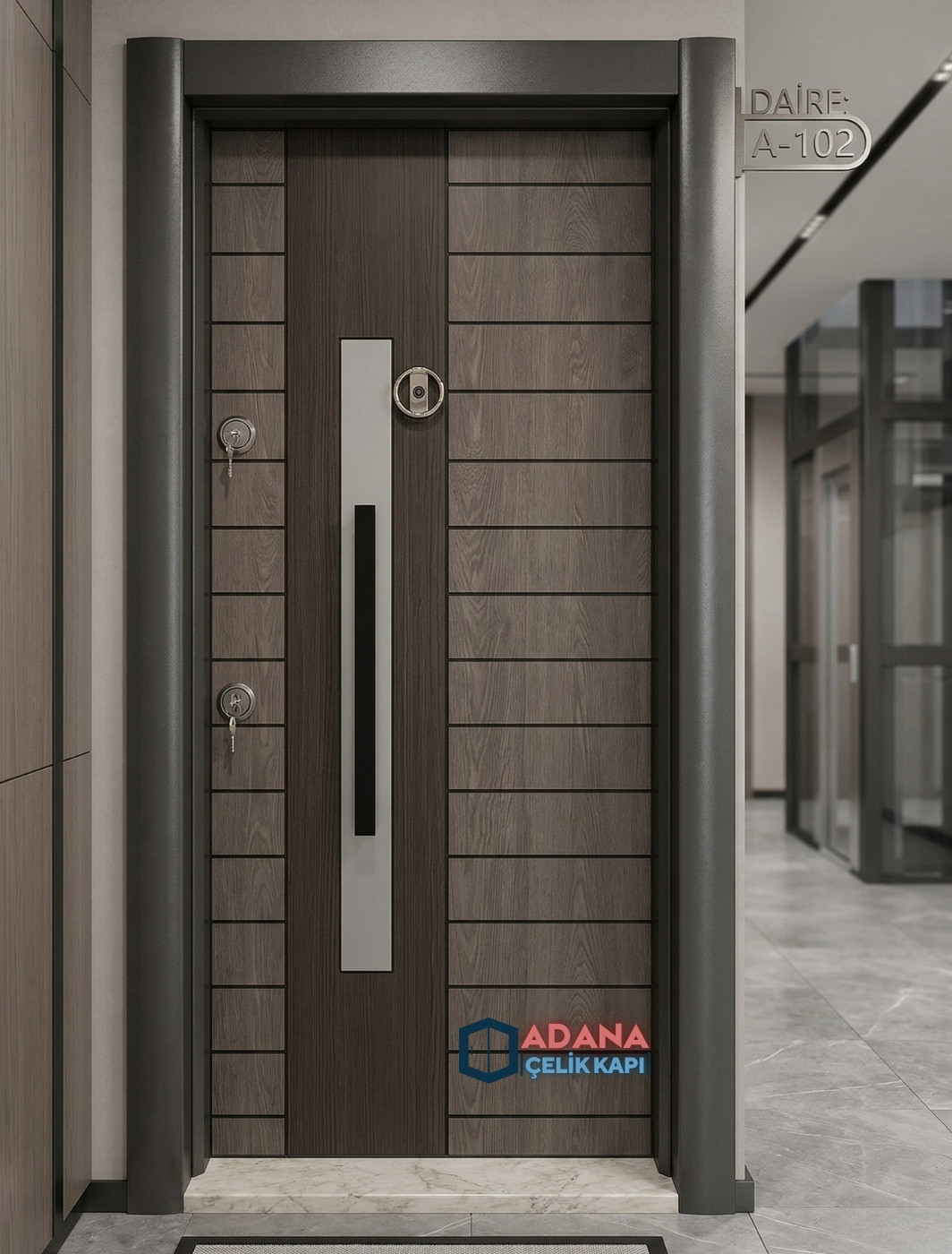 AÇK-1606 antrasit ve gri desenli modern lüks laminoks çelik kapı modeli
