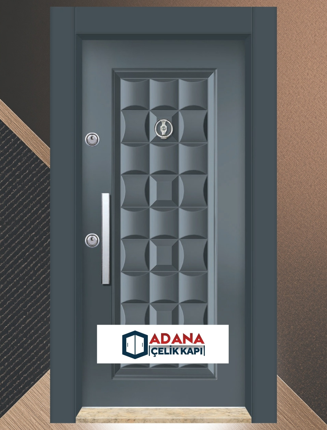 AÇK-2004 antrasit sac panel asimetrik çizgili modern çelik kapı modeli