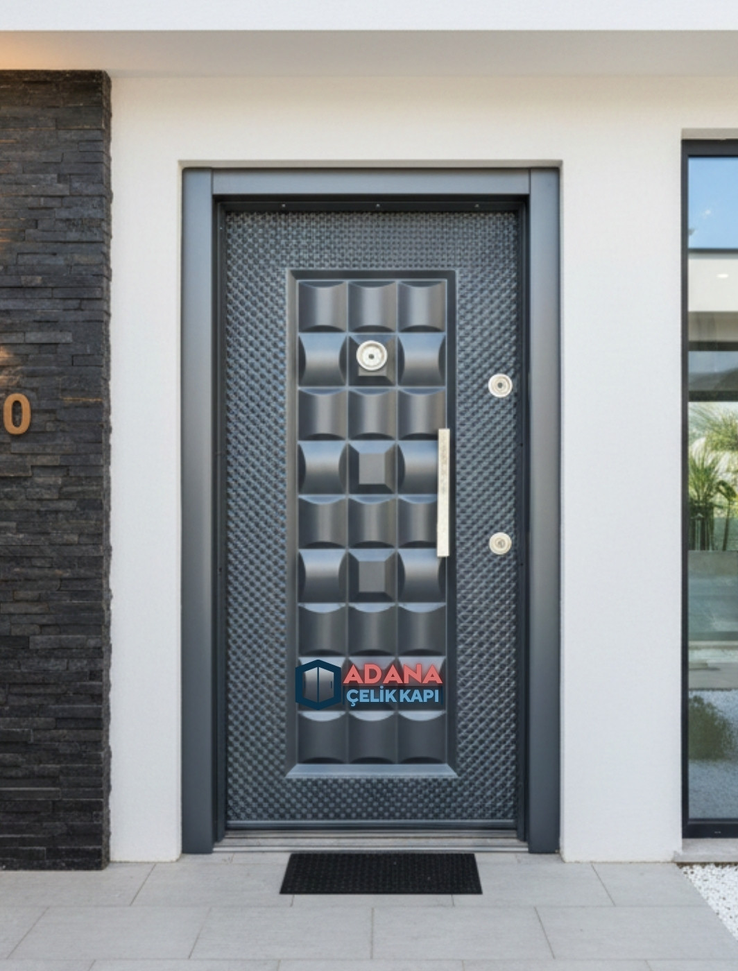 AÇK-2004 antrasit sac panel asimetrik çizgili modern çelik kapı modeli