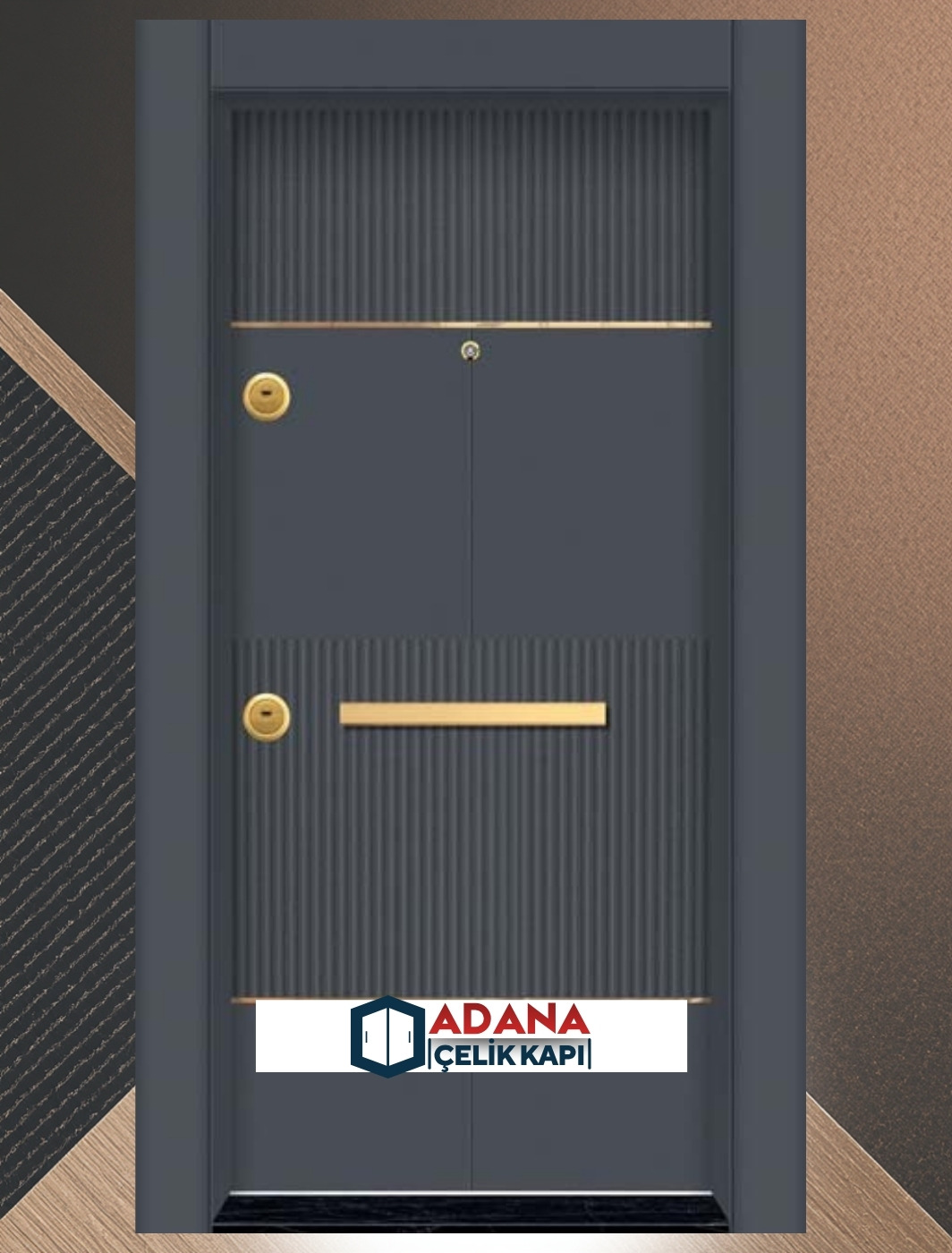 AÇK-1009 antrasit PVC kaplama dikey çizgili modern çelik kapı modeli - Adana Çelik Kapı İmalatı