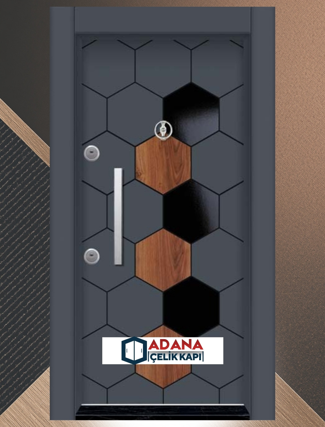 AÇK-1400 çift renkli antrasit ve ahşap laminoks seri modern çelik kapı modeli