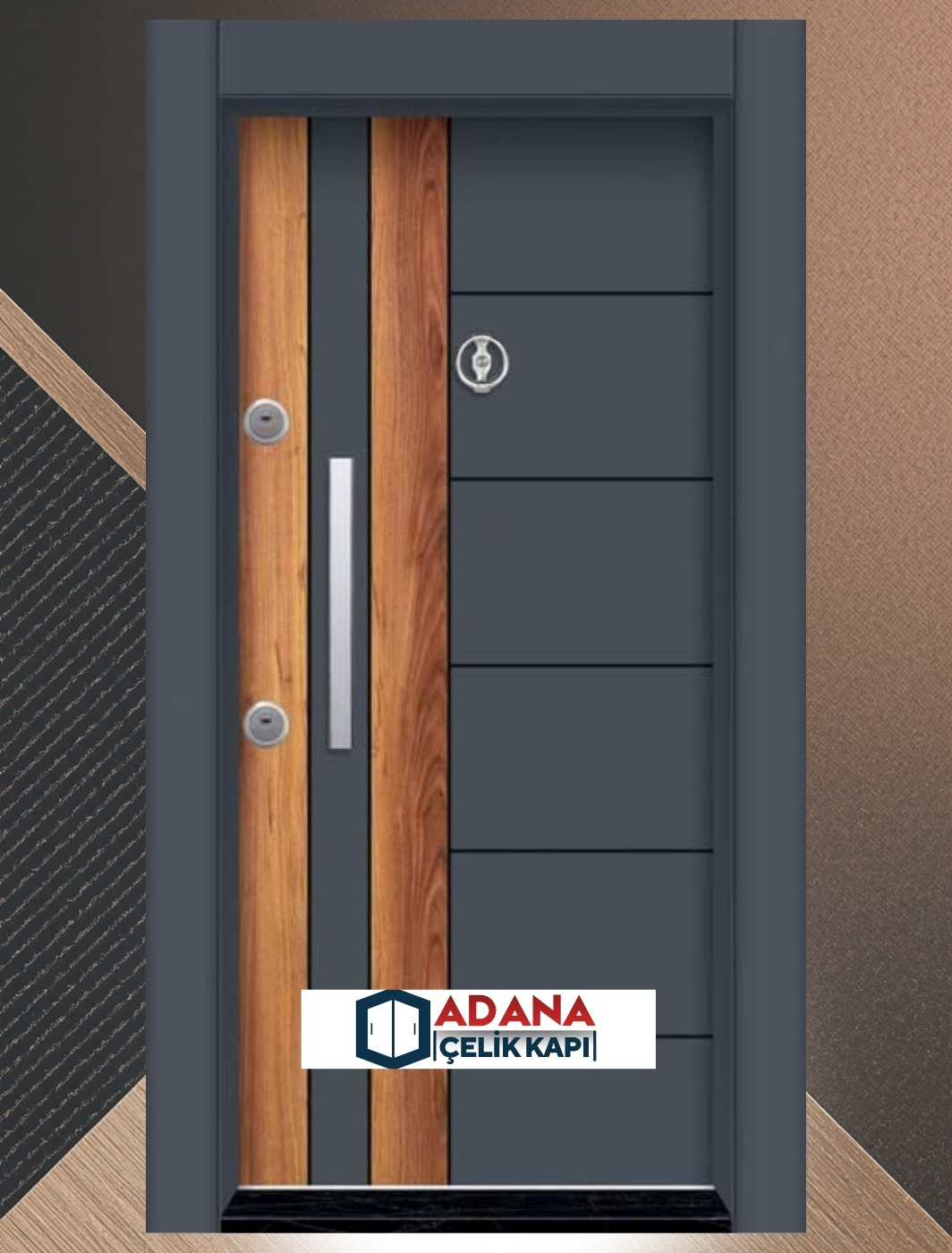 AÇK-1404 antrasit ve ahşap çift renkli modern laminoks seri çelik kapı modeli