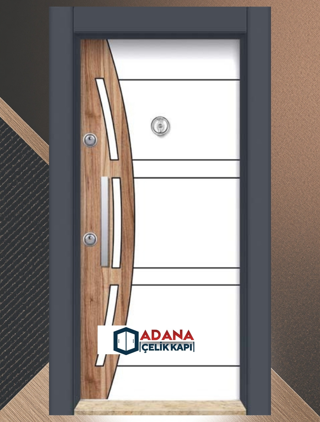 AÇK-1504 beyaz laminoks kavisli ahşap detaylı ve krom şeritli modern çelik kapı modeli