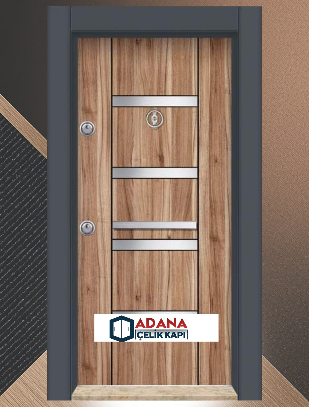 AÇK-1509 ahşap dokulu yatay krom şeritli modern laminoks seri çelik kapı modeli