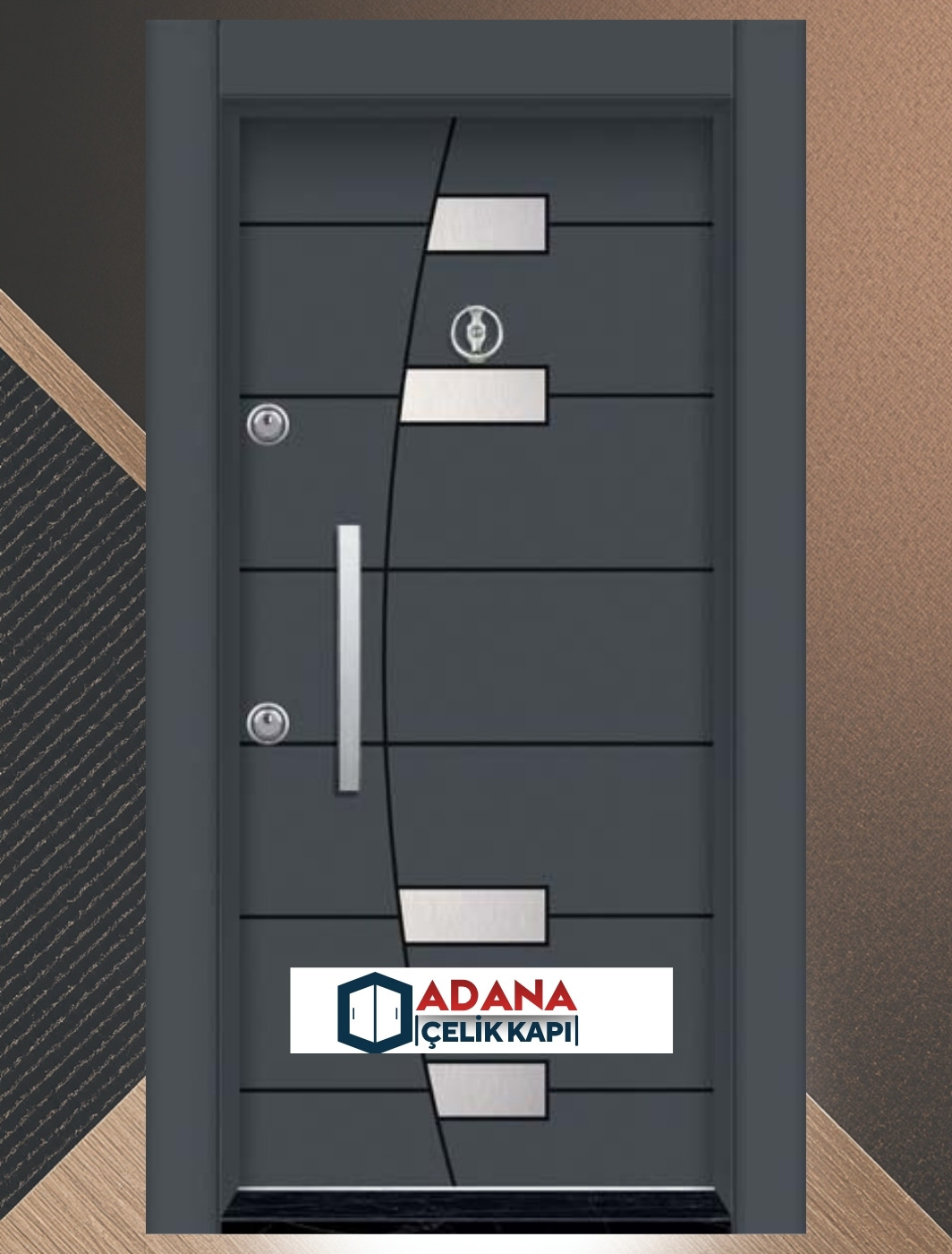 AÇK-1510 koyu ahşap dokulu yatay krom şeritli modern laminoks seri çelik kapı modeli