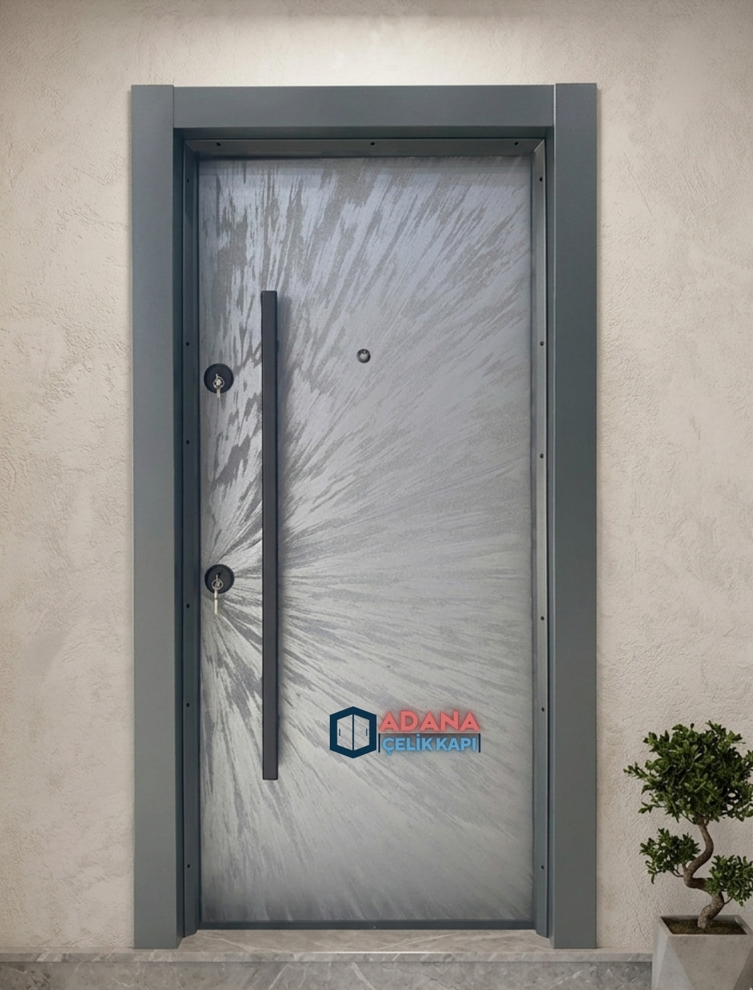 AÇK-2021 antrasit İtalyan sıva dokulu modern PVC kaplama lüks çelik kapı