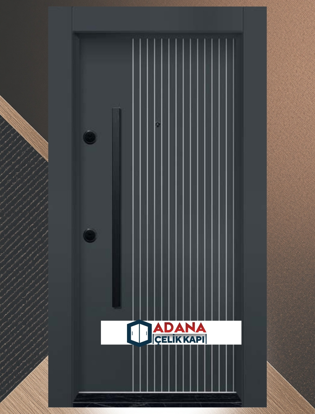AÇK-2103 antrasit kompozit panel yatay şeritli modern dış mekan çelik kapı modeli