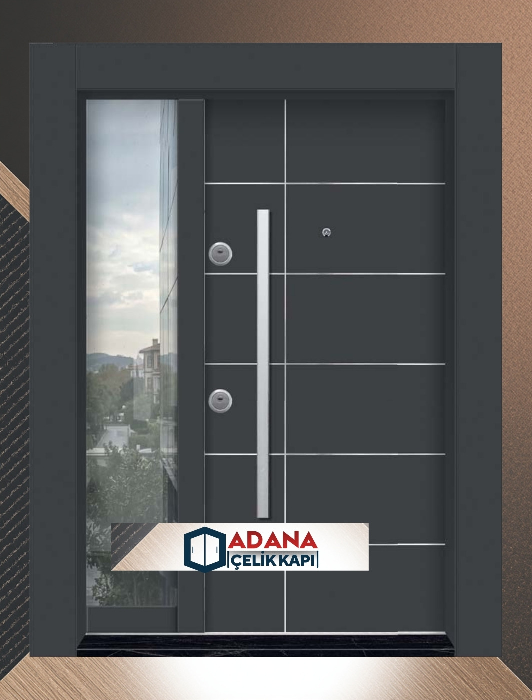 AÇK-2104 antrasit kompozit panel yatay şeritli modern dış mekan çelik kapı modeli