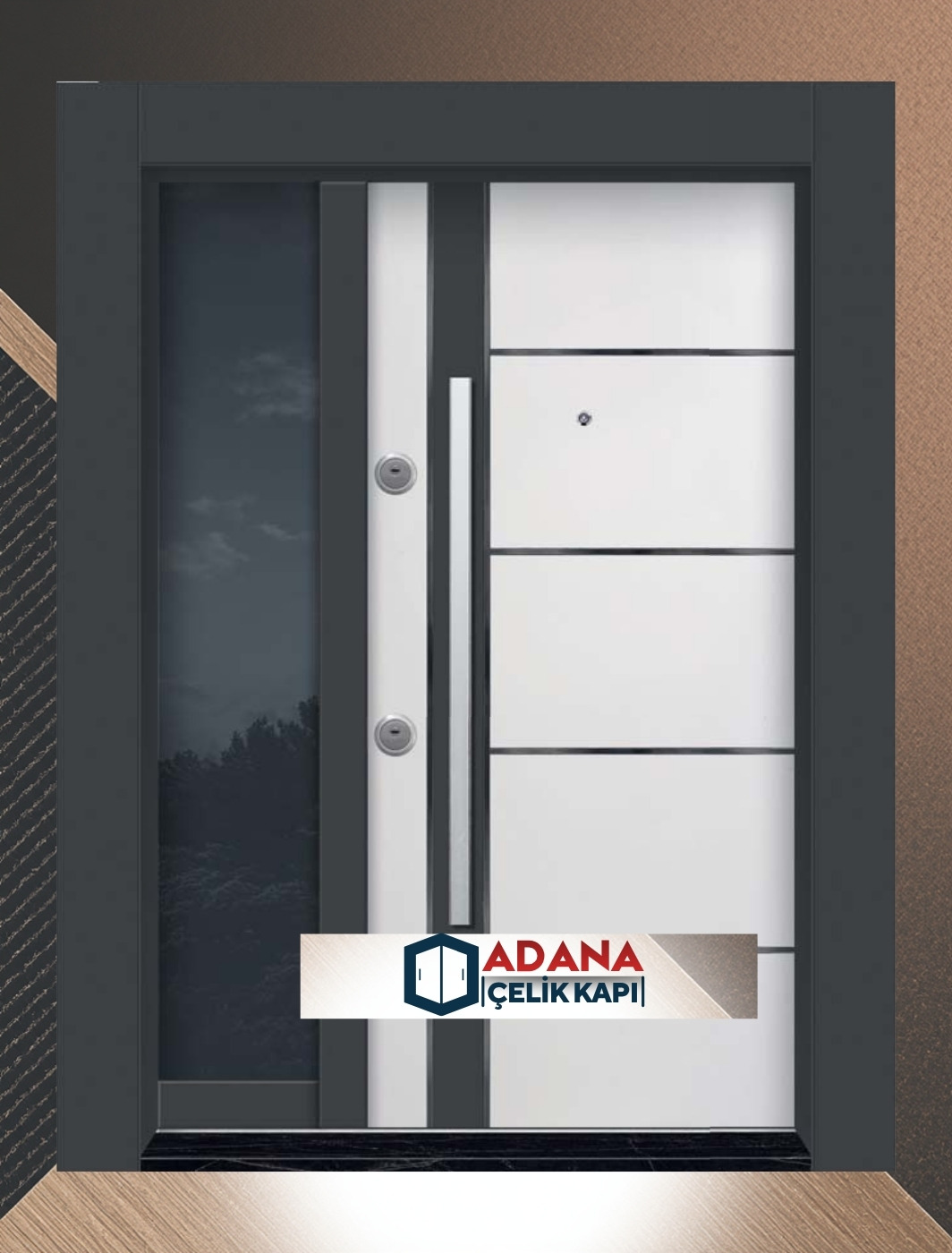 AÇK-2105 antrasit kompozit panel dikey fugalı modern dış mekan çelik kapı modeli